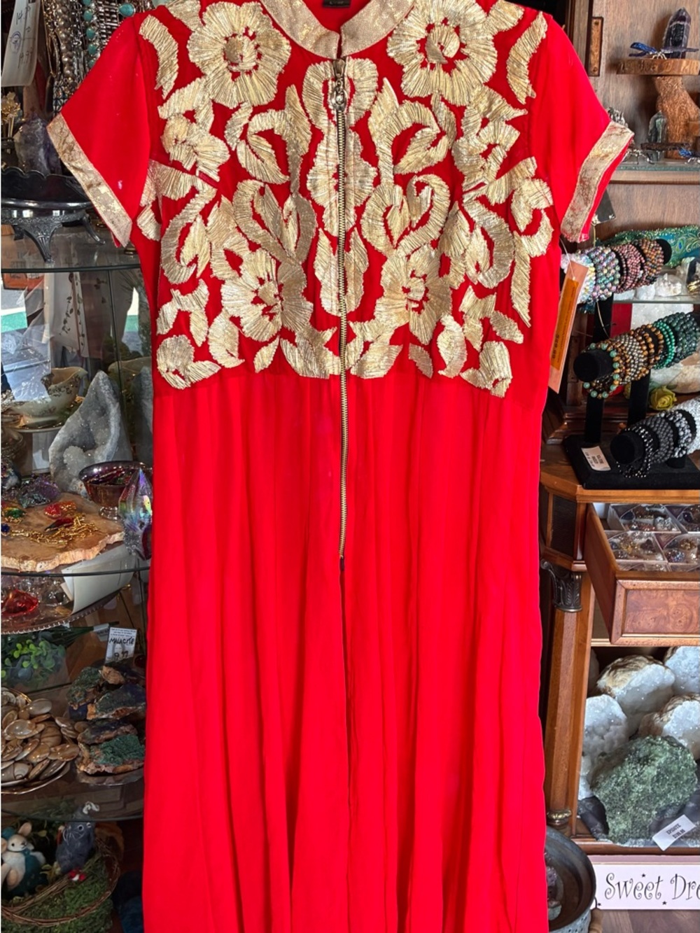 Red Embroidered Gold Accent Women’s Dress - Picture 2 of 7